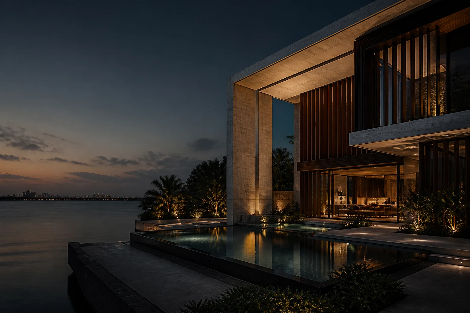 Contemporary waterfront architecture in Lagos at dusk